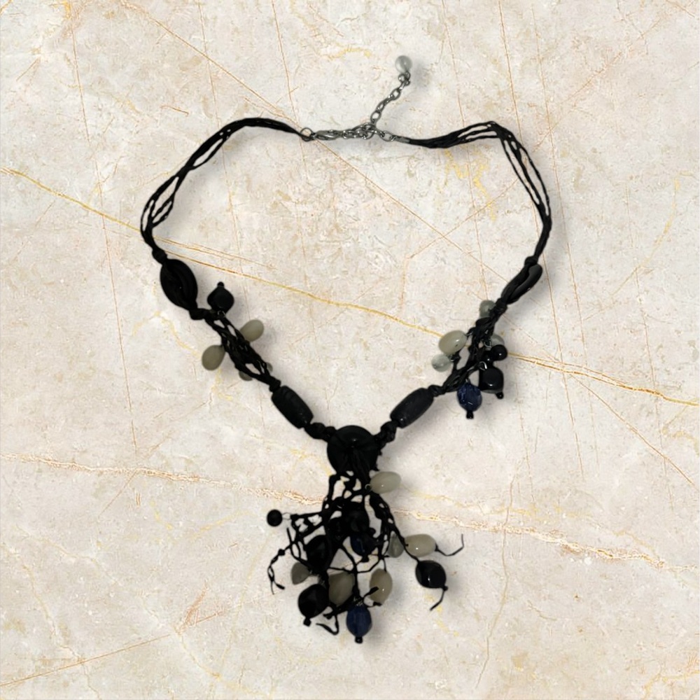 Button and Bead Necklace with Black Chord Black/White Women - Picture 8 of 8